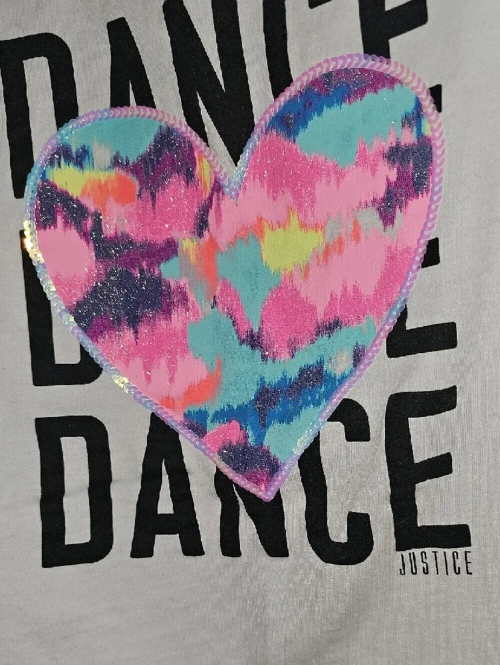 Justice White Dance Tee with Rainbow Sequin Heart Criss Cross Back Size 10